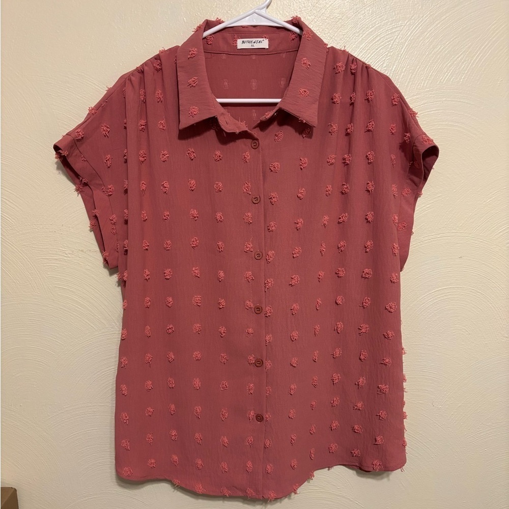 Dusty Rose Textured Swiss Dot Button Front Blouse Size XL